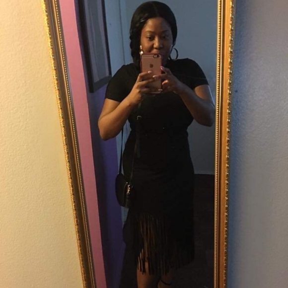 New York & Co Black Mock Neck Fringe Dress - Picture 2 of 6